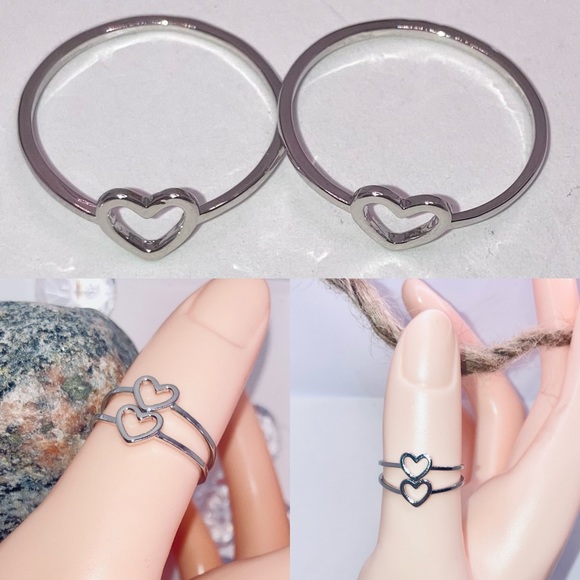 2pcs Dainty Open Heart Halo Minimalist Ring Set - Picture 2 of 5